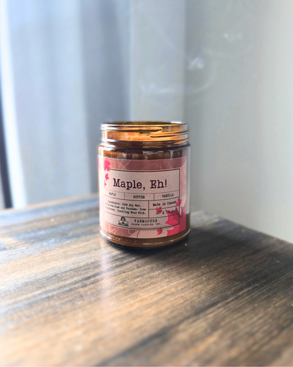 Maple, Eh! Soy Candle | Maple + Butter + Vanilla. Sweet, buttery, and oh-so-Canadian! Maple, EH! soy candle fills your space with the cozy aroma of rich maple syrup, creamy butter, and warm vanilla.

Unique Top Decor: This candle showcases a maple leaves soy wax embeds. Each piece is handmade with love, making every candle unique!