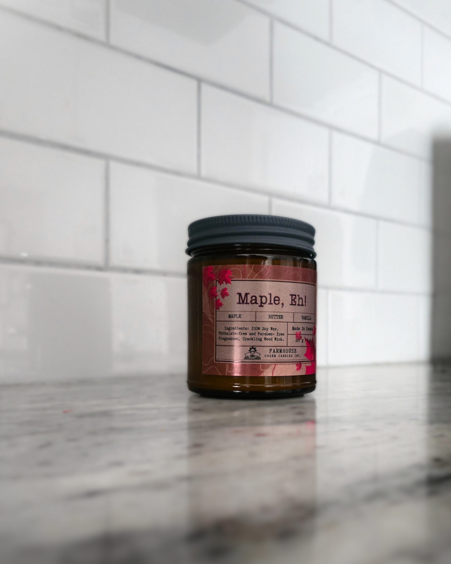 Maple, Eh! Soy Candle | Maple + Butter + Vanilla. Sweet, buttery, and oh-so-Canadian! Maple, EH! soy candle fills your space with the cozy aroma of rich maple syrup, creamy butter, and warm vanilla.

Unique Top Decor: This candle showcases a maple leaves soy wax embeds. Each piece is handmade with love, making every candle unique!