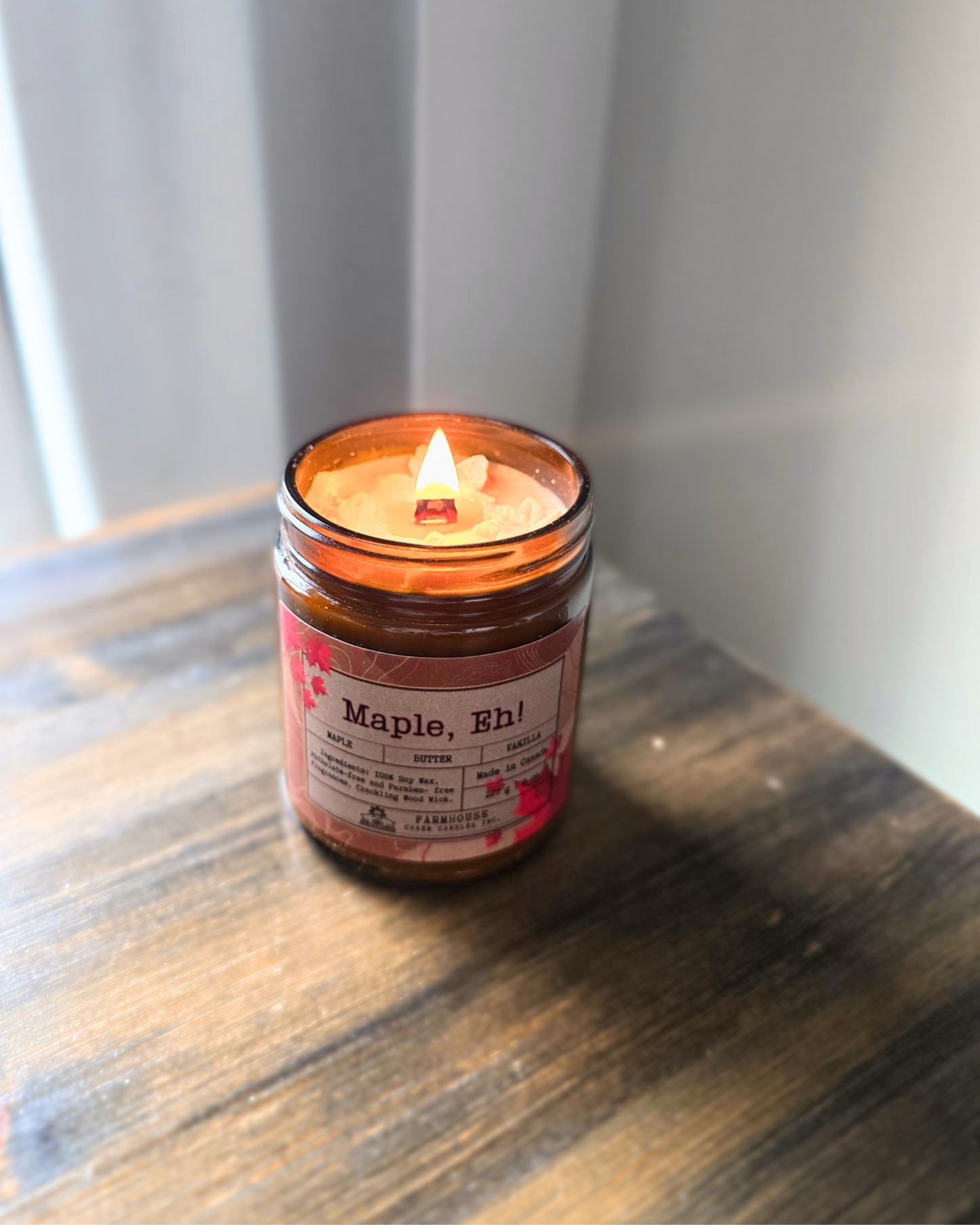 Maple, Eh! Soy Candle | Maple + Butter + Vanilla. Sweet, buttery, and oh-so-Canadian! Maple, EH! soy candle fills your space with the cozy aroma of rich maple syrup, creamy butter, and warm vanilla.

Unique Top Decor: This candle showcases a maple leaves soy wax embeds. Each piece is handmade with love, making every candle unique!