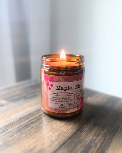 Maple, Eh! Soy Candle | Maple + Butter + Vanilla. Sweet, buttery, and oh-so-Canadian! Maple, EH! soy candle fills your space with the cozy aroma of rich maple syrup, creamy butter, and warm vanilla.

Unique Top Decor: This candle showcases a maple leaves soy wax embeds. Each piece is handmade with love, making every candle unique!