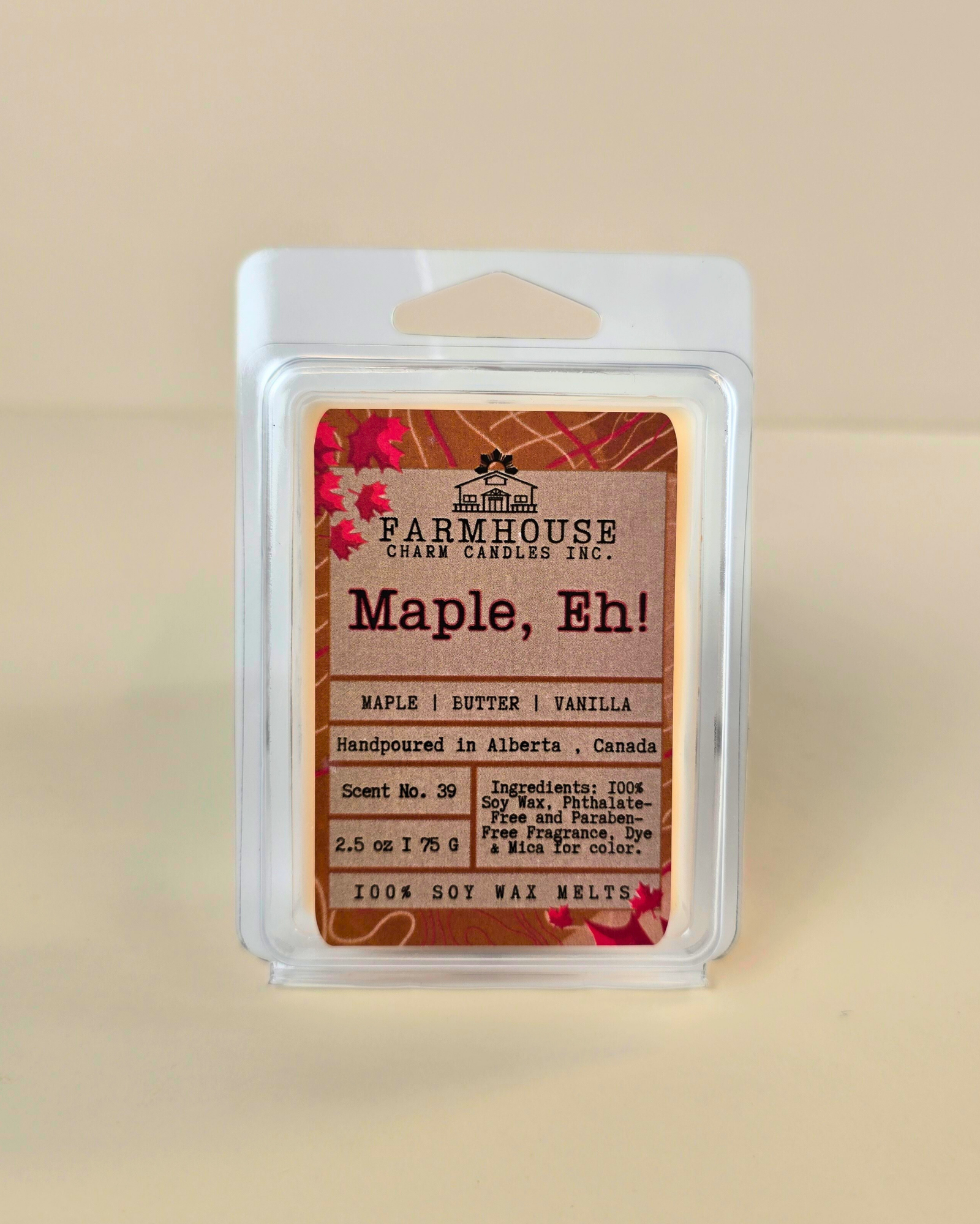 Sweet, buttery, and oh-so-Canadian! Indulge in the warm, sweet scent of rich maple syrup, creamy butter, and smooth vanilla. A true Canadian classic in every melt. www.farmhousecharmcandles.com