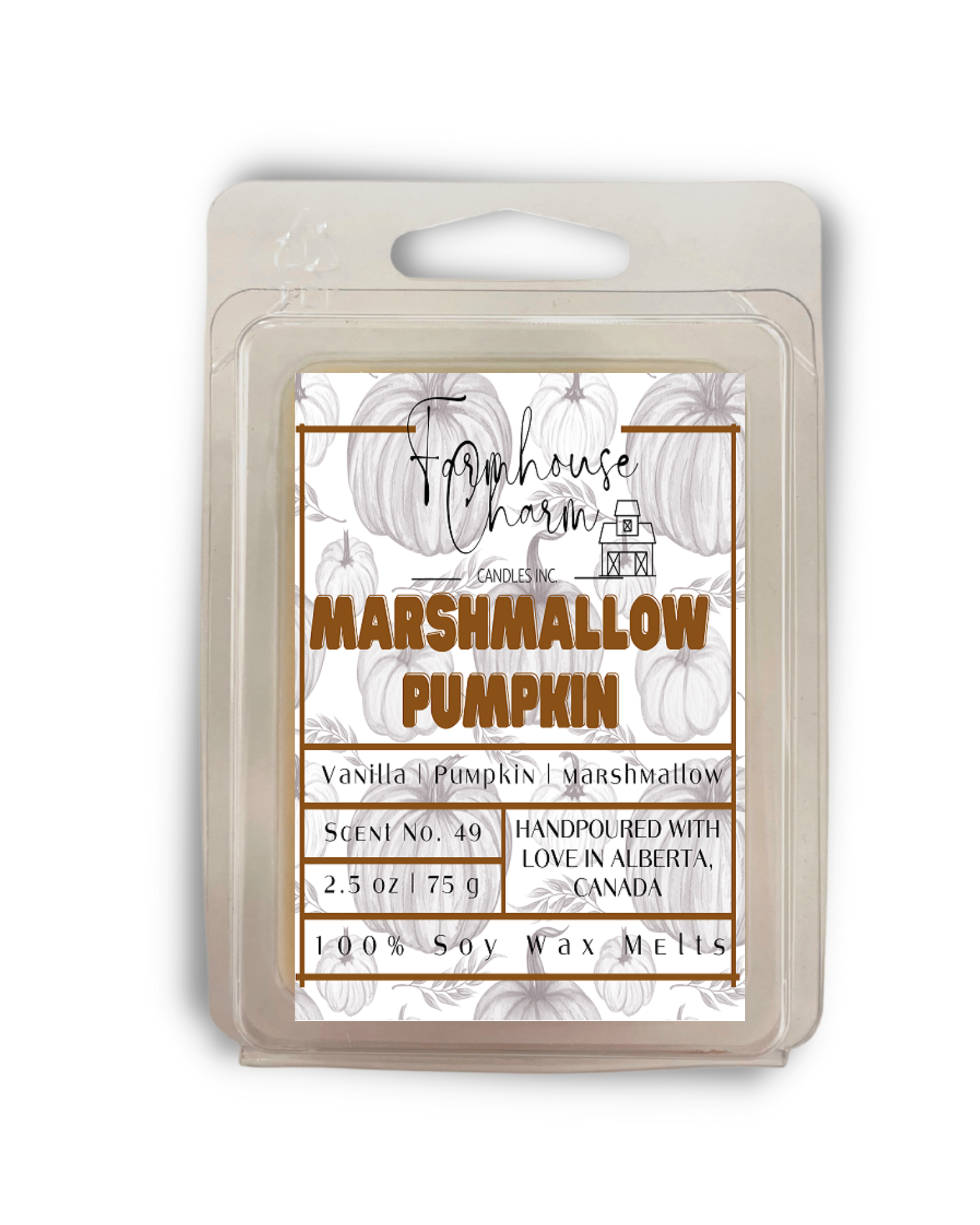 Marshmallow Pumpkin Soy Wax Melts by Farmhouse Charm is a perfect addition to any home. The unique fragrance combines the sweet and comforting scents of vanilla, marshmallow, and pumpkin. The sweet and comforting scent of these candles creates a cozy atmosphere that is perfect for relaxing and unwinding after a long day. 