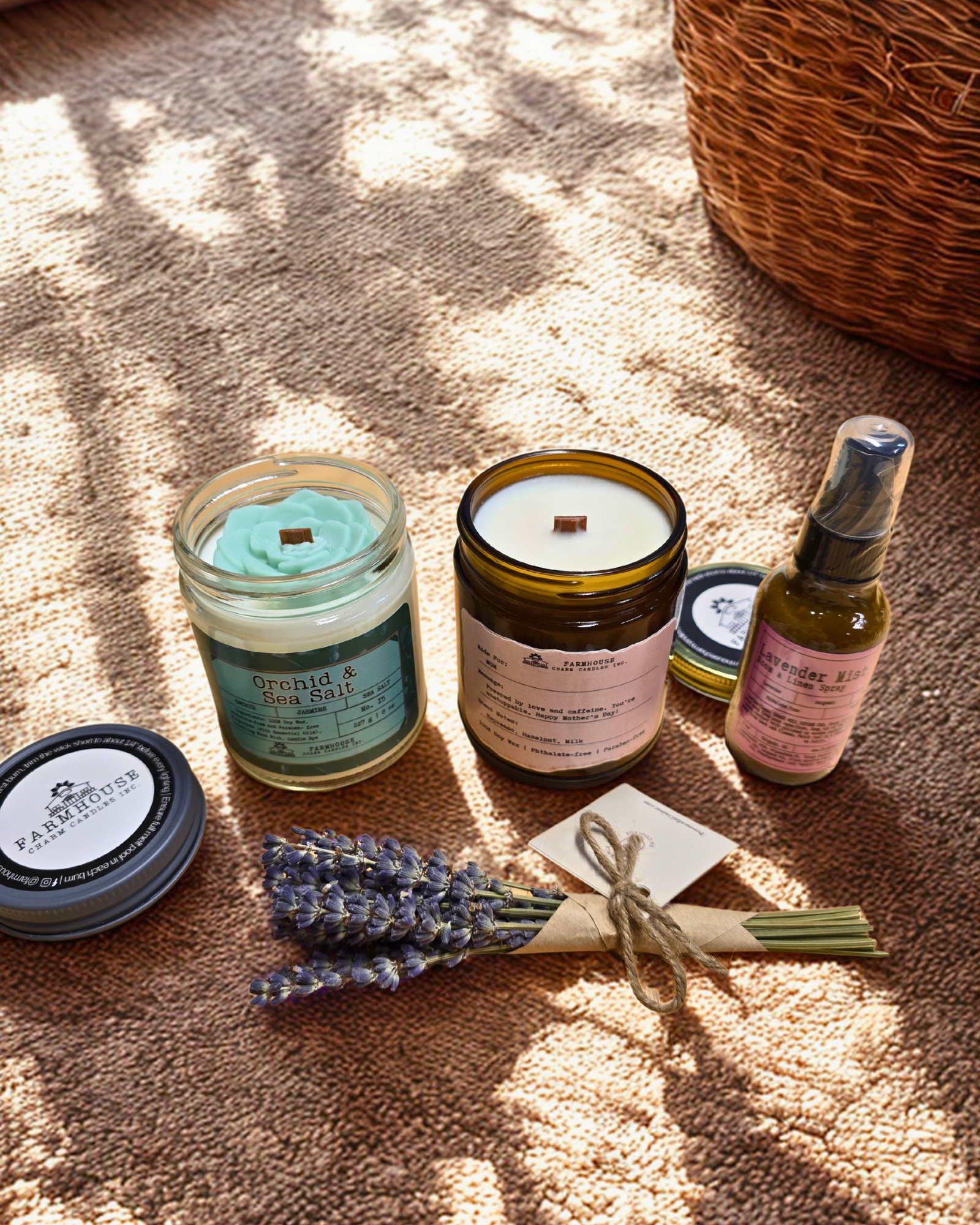 Mother's Day Gift Bundle www.farmhousecharmcandles.com. A thoughtfully curated set to show Mom just how much she means to you. Includes Orchid Sea Salt Soy Candle, Personalized Soy Candle, Lavender Mist Room & Linen Spray, Mini Lavender Bouquet