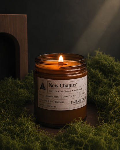 A lit amber glass jar candle labeled 'New Chapter' by Farmhouse Charm Candles, surrounded by green moss in a moody, dark setting with a wooden block in the background.