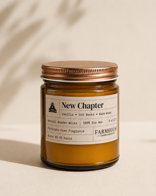 An amber glass jar candle with a metallic copper-toned screw-on lid and a cream paper label reading 'New Chapter' by Farmhouse Charm Candles, set against a warm beige background with soft leaf shadows.