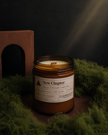 A New Chapter scented candle by Farmhouse Charm Candles in an amber glass jar, styled on a bed of green moss next to a terracotta arch block against a dark background.