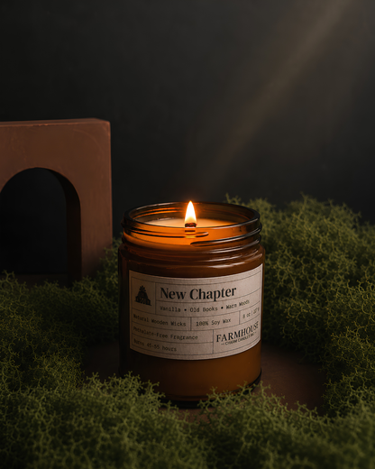 A lit amber glass jar candle labeled 'New Chapter' by Farmhouse Charm Candles sits on green moss in a dark setting with a wooden arch prop in the background.