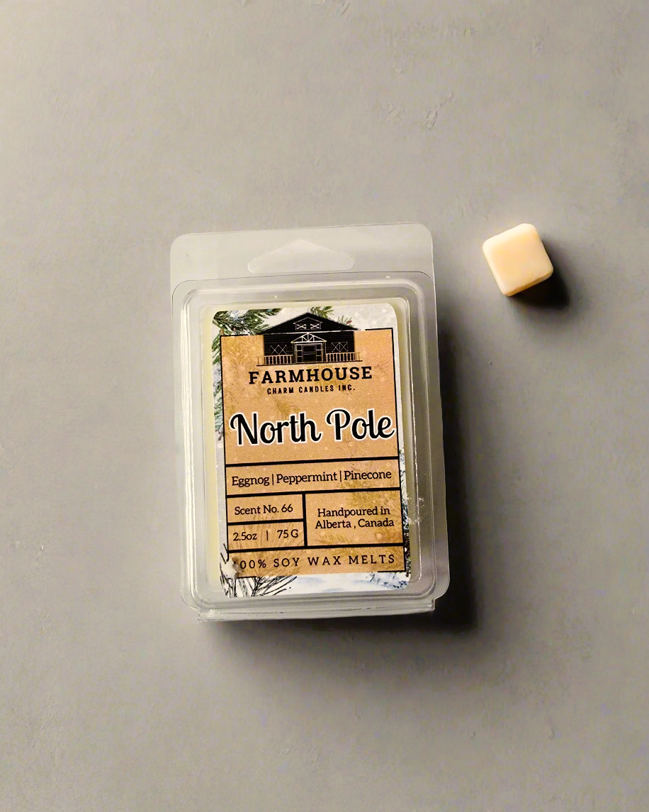 Transport your home to the enchanting wintery North Pole with our North Pole Soy&nbsp; Wax Melts. Crafted from 100% natural soy wax, this candle combines the nostalgic scents of buttery eggnog, refreshing peppermint, warm cinnamon, and earthy pinecones, evoking the magic of holiday gatherings by the hearth.