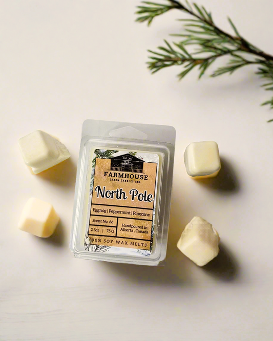 Transport your home to the enchanting wintery North Pole with our North Pole Soy&nbsp; Wax Melts. Crafted from 100% natural soy wax, this candle combines the nostalgic scents of buttery eggnog, refreshing peppermint, warm cinnamon, and earthy pinecones, evoking the magic of holiday gatherings by the hearth.