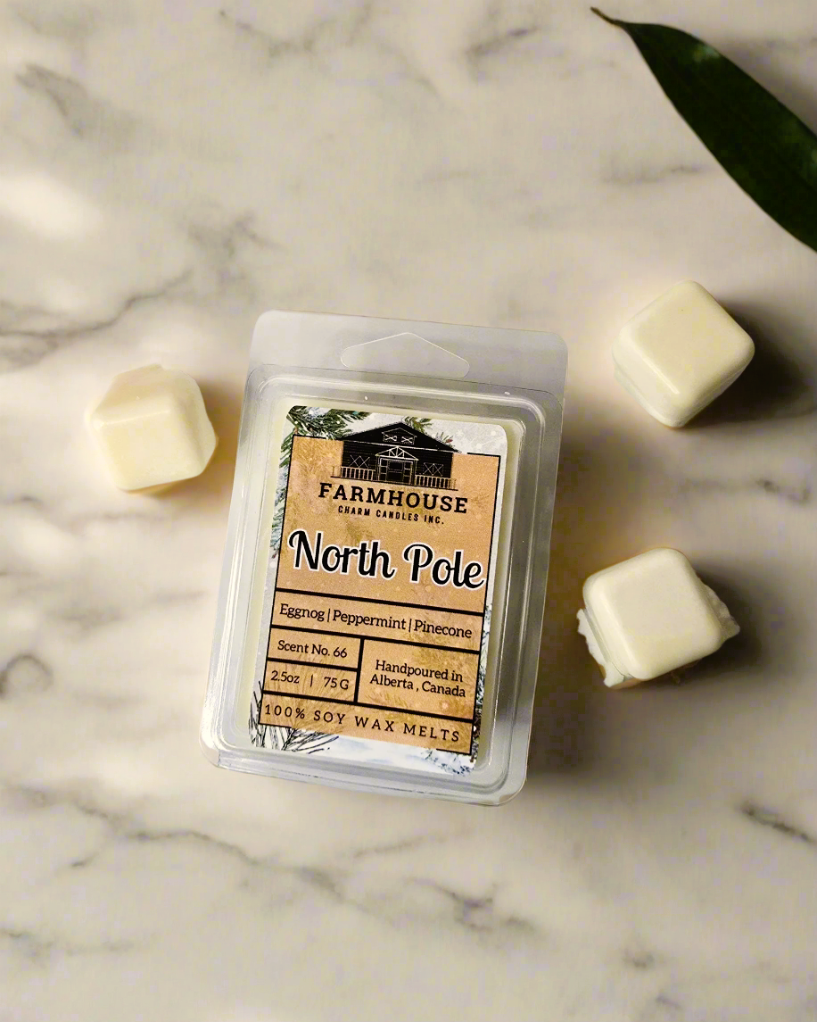 Transport your home to the enchanting wintery North Pole with our North Pole Soy&nbsp; Wax Melts. Crafted from 100% natural soy wax, this candle combines the nostalgic scents of buttery eggnog, refreshing peppermint, warm cinnamon, and earthy pinecones, evoking the magic of holiday gatherings by the hearth.