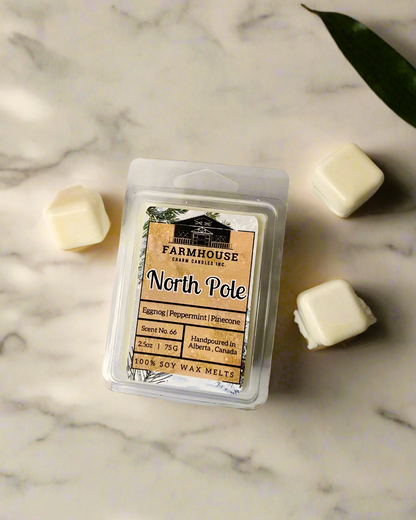 Transport your home to the enchanting wintery North Pole with our North Pole Soy&nbsp; Wax Melts. Crafted from 100% natural soy wax, this candle combines the nostalgic scents of buttery eggnog, refreshing peppermint, warm cinnamon, and earthy pinecones, evoking the magic of holiday gatherings by the hearth.