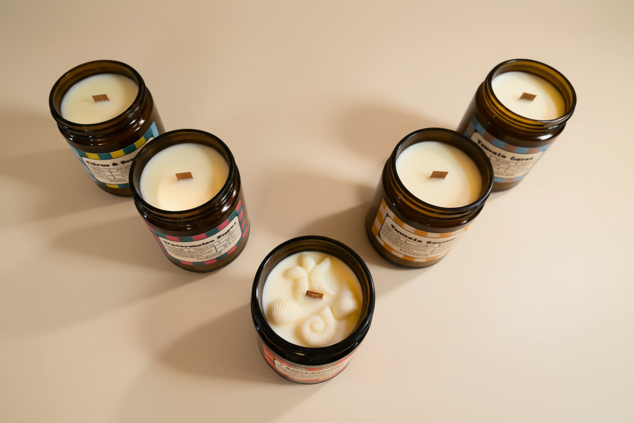 5 nostalgic summer candle by Farmhouse Charm Candles with labels citrus & Sunshine, Watermelon sugar, Mango Coconut, Tomato Garden and Beach Life on a white surface