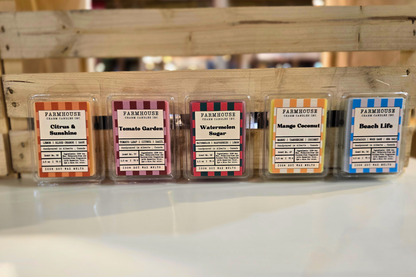 5 nostalgic summer wax melts by Farmhouse Charm Candles with labels citrus & Sunshine, Watermelon sugar, Mango Coconut, Tomato Garden and Beach Life on a beige surface
