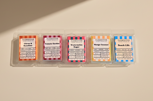 5 nostalgic summer wax melts by Farmhouse Charm Candles with labels citrus & Sunshine, Watermelon sugar, Mango Coconut, Tomato Garden and Beach Life on a beige surface