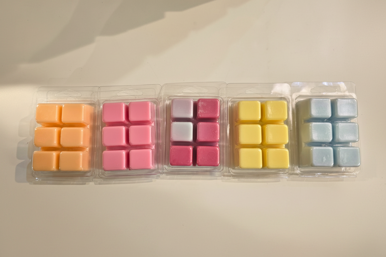 5 nostalgic summer wax melts by Farmhouse Charm Candles with labels citrus & Sunshine, Watermelon sugar, Mango Coconut, Tomato Garden and Beach Life on a beige surface