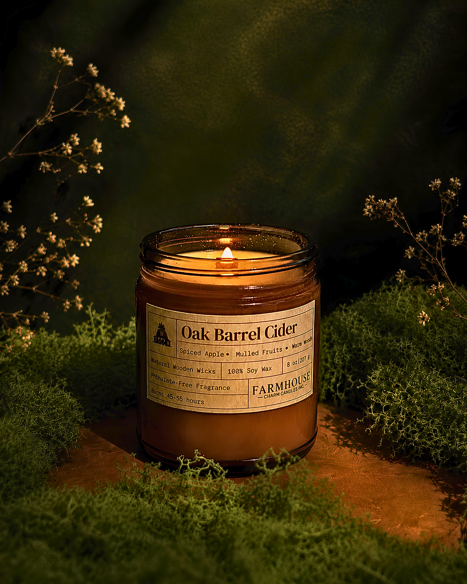 A lit amber glass jar candle labeled 'Oak Barrel Cider' by Farmhouse Charm Candles, styled on mossy ground with small white flowers against a dark green background.