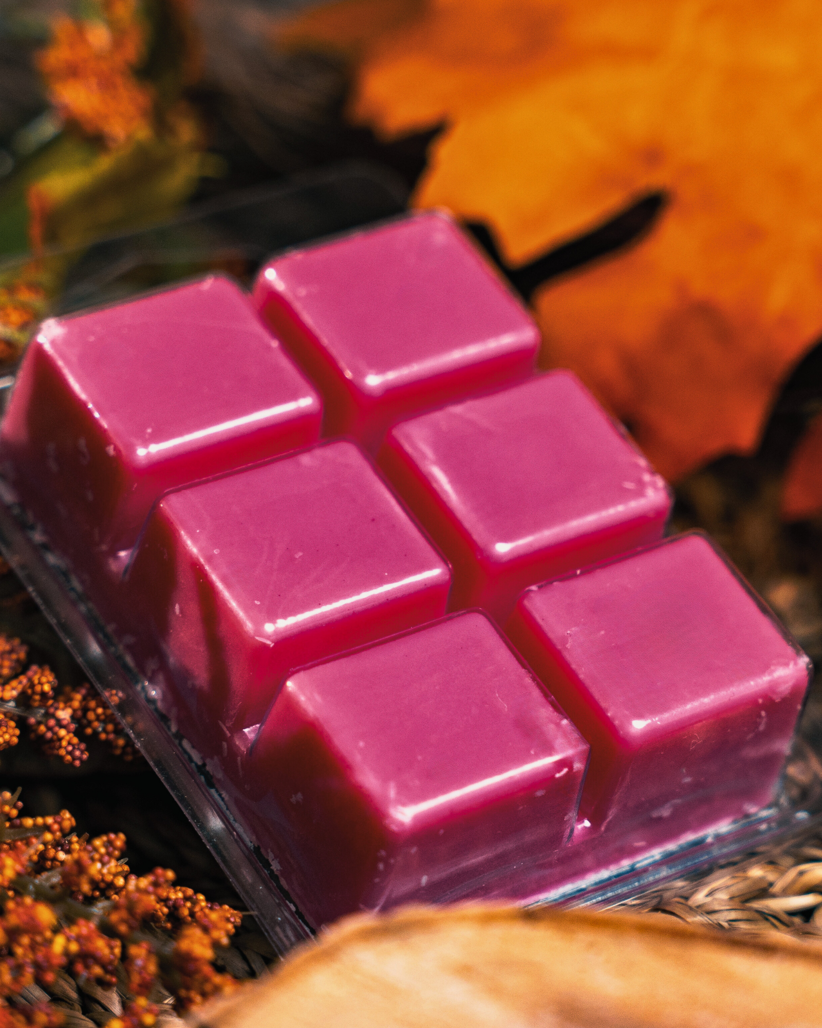 Farmhouse Charm Candles Oak Barrel Cider soy wax melt with a autumn-themed background.