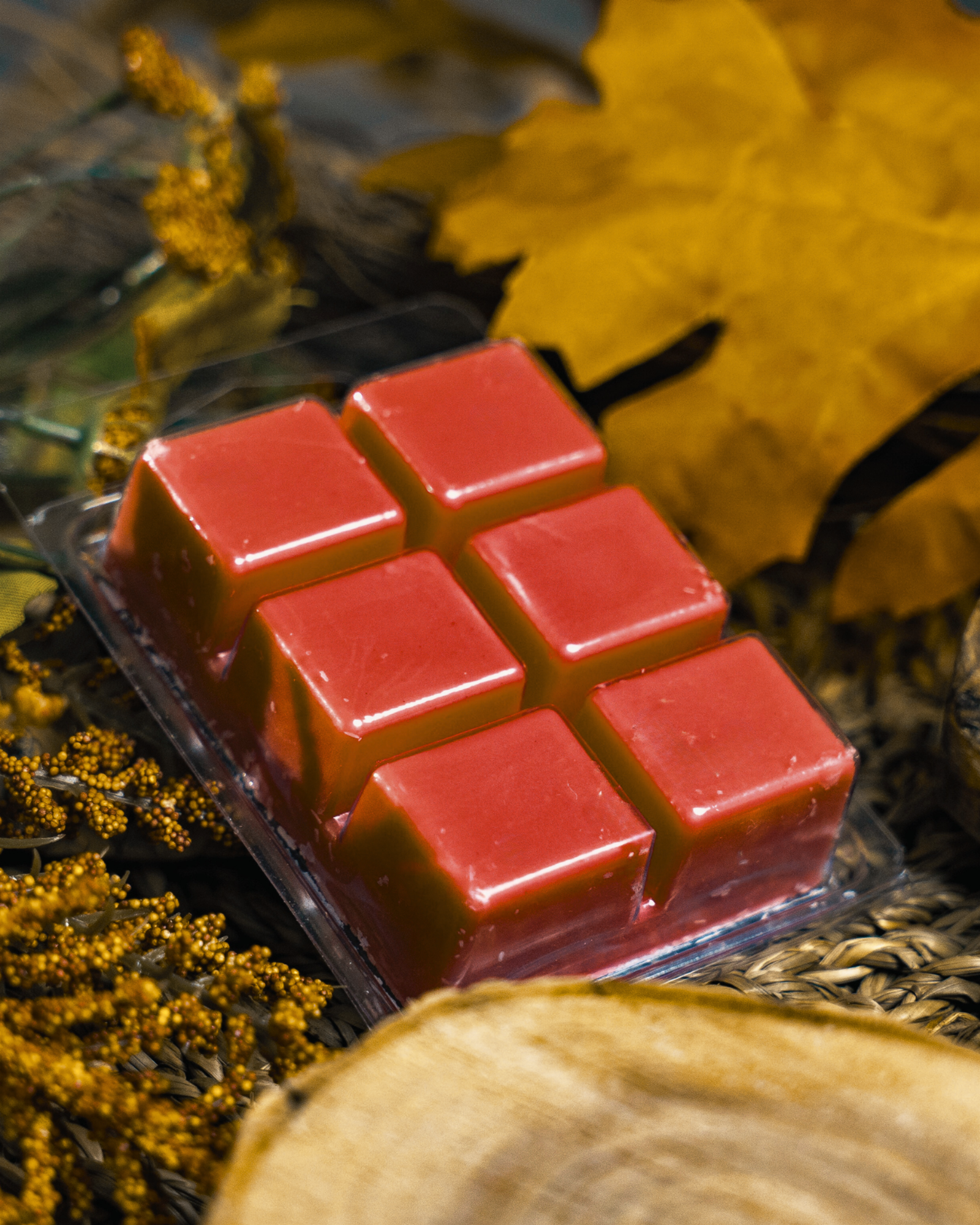 Six red wax melts in a clear plastic clamshell package, styled with autumn leaves and dried yellow flowers on a rustic surface.  Farmhouse Charm Candles