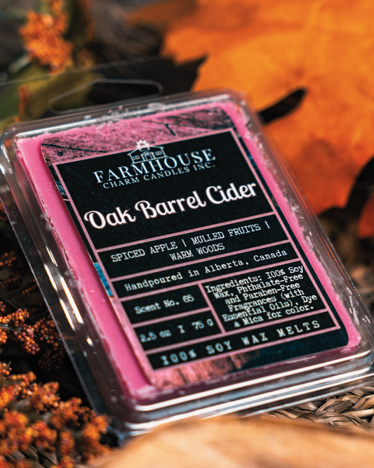 Farmhouse Charm Candles Oak Barrel Cider soy wax melt with a autumn-themed background.