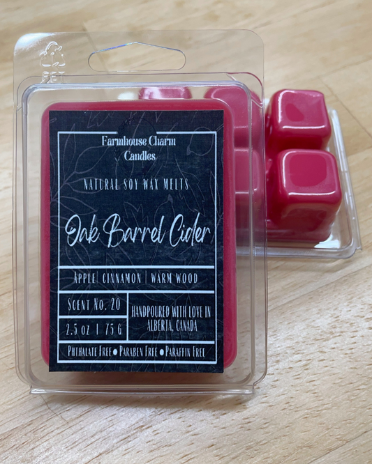 As the leaves start to fall and the temperatures drop, it's time to embrace the cozy and comforting scents of the season. The Oak Barrel Cider Soy Wax Melts by Farmhouse Charm is the perfect way to do just that. The warm blend of classic apple cider, mulled fruit and cinnamon creates a truly inviting aroma that will fill any room with its comforting scent. The hint of oak adds a touch of sophistication to the scent, making it perfect for any setting.