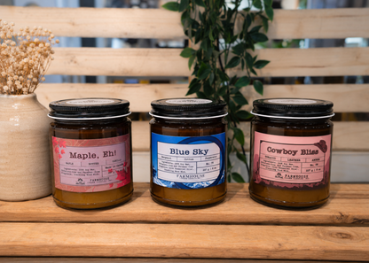 Three jars of candles by Farmhouse Charm Candles with labeled scents (Maple, Eh, Blue Sky and Cowboy Bliss  on a wooden and plant background.