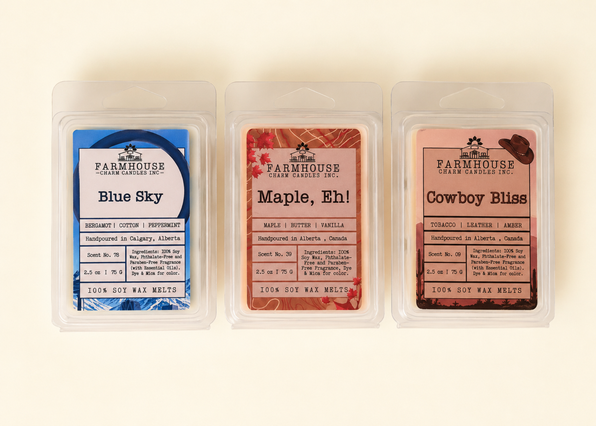 Oh Canada Wax Melts Bundle showing three Farmhouse Charm Candles clamshells side by side — Blue Sky, Maple Eh and Cowboy Bliss — 100% soy wax melts handpoured in Alberta Canada