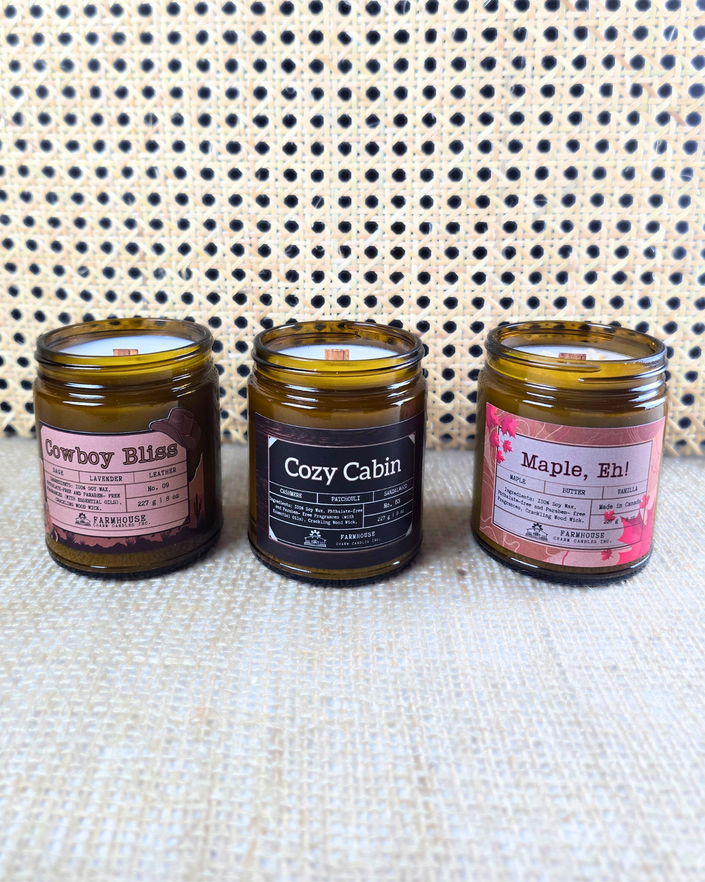 Celebrate Canadian charm with our Oh, Canada Soy Candle Bundle! This set includes three 8 oz soy candles:&nbsp;

🍁Cowboy Bliss (Lavender + Sage + Leather)

🍁Maple, Eh! (Maple + Butter + Vanilla)

🍁Cozy Cabin (Cashmere + Patchouli + Sandalwood)
Farmhouse Charm Candles