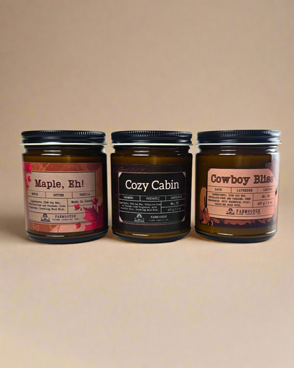 Celebrate Canadian charm with our Oh, Canada Soy Candle Bundle! This set includes three 8 oz soy candles:&nbsp;

🍁Cowboy Bliss (Lavender + Sage + Leather)

🍁Maple, Eh! (Maple + Butter + Vanilla)

🍁Cozy Cabin (Cashmere + Patchouli + Sandalwood)
Farmhouse Charm Candles