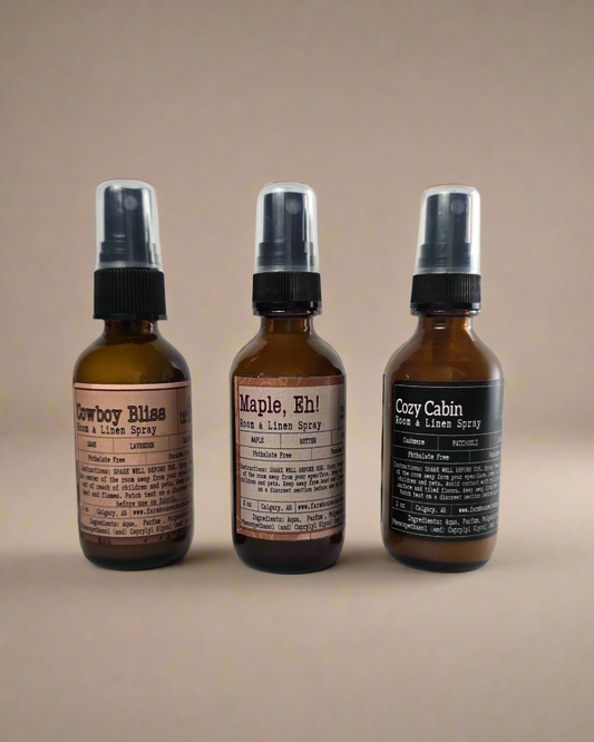 Celebrate Canadian charm with our Oh, Canada Room & Linen Spray Bundle! This set includes 3 x 60 ml room &; linen sprays.

🍁Cowboy Bliss (Lavender + Sage + Leather)

🍁Maple, Eh! (Maple + Butter + Vanilla)

🍁Cozy Cabin (Cashmere + Patchouli + Sandalwood)
Farmhouse Charm Candles
