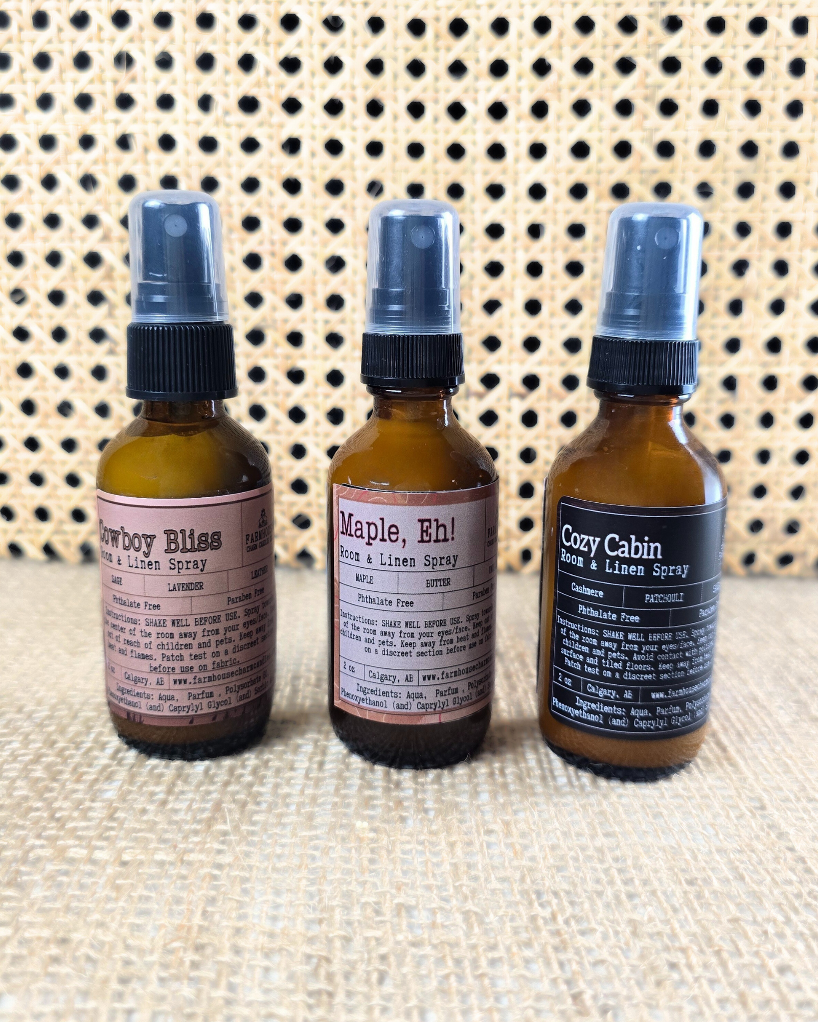 Celebrate Canadian charm with our Oh, Canada Room & Linen Spray Bundle! This set includes 3 x 60 ml room &; linen sprays.

🍁Cowboy Bliss (Lavender + Sage + Leather)

🍁Maple, Eh! (Maple + Butter + Vanilla)

🍁Cozy Cabin (Cashmere + Patchouli + Sandalwood)
Farmhouse Charm Candles