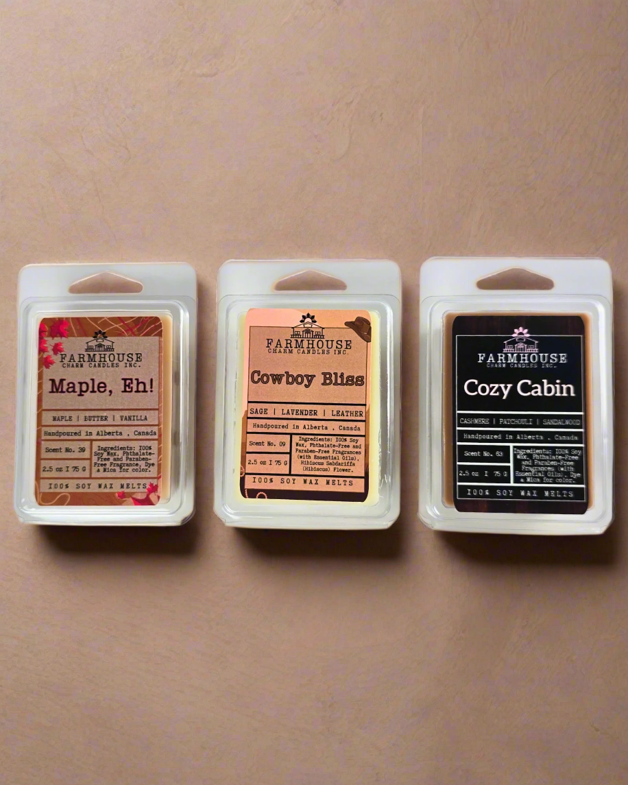Celebrate Canadian charm with our Oh, Canada Soy Wax Melts Bundle! This set includes 3x 2.5 oz wax melts:

🍁Cowboy Bliss (Lavender + Sage + Leather)

🍁Maple, Eh! (Maple + Butter + Vanilla)

🍁Cozy Cabin (Cashmere + Patchouli + Sandalwood)
Farmhouse Charm Candles