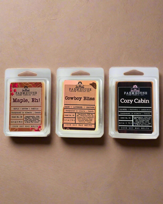 Celebrate Canadian charm with our Oh, Canada Soy Wax Melts Bundle! This set includes 3x 2.5 oz wax melts:

🍁Cowboy Bliss (Lavender + Sage + Leather)

🍁Maple, Eh! (Maple + Butter + Vanilla)

🍁Cozy Cabin (Cashmere + Patchouli + Sandalwood)
Farmhouse Charm Candles