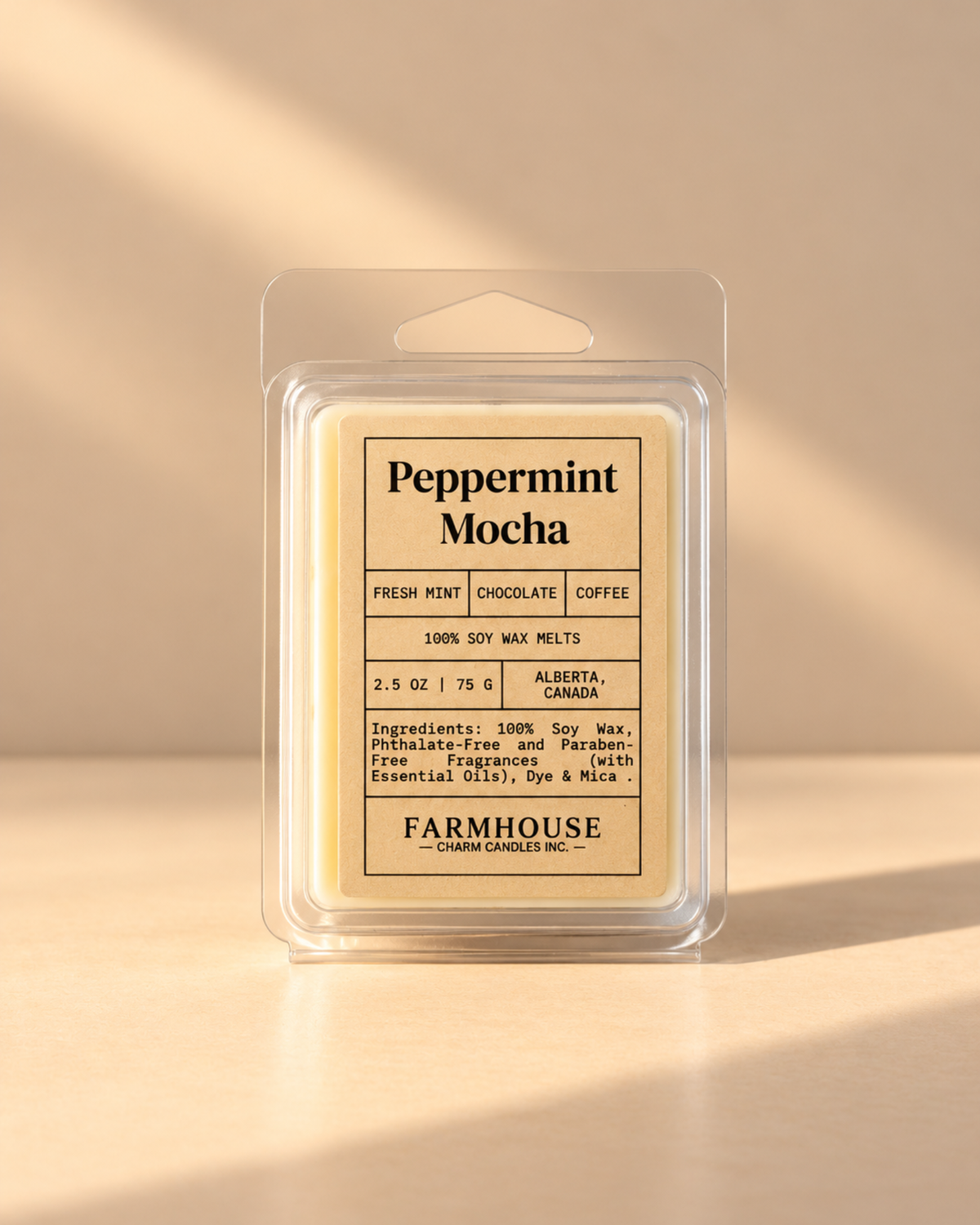A packaged wax melt product labeled 'Peppermint Mocha' by Farmhouse Charm Candles, shown in a clear plastic clamshell package on a warm beige background with soft diagonal shadows.