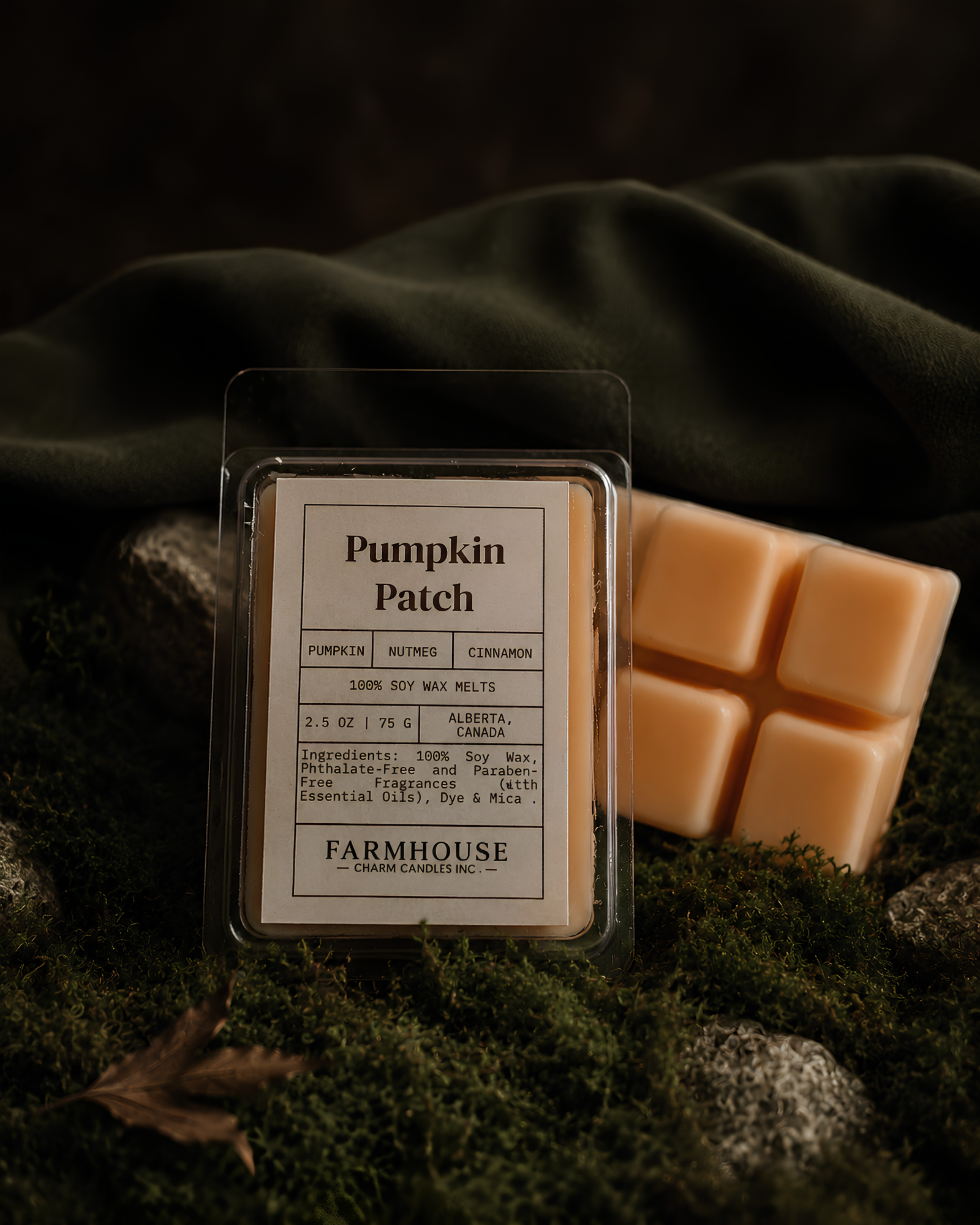 A packaged pumpkin patch scented wax melt from Farmhouse Charm Candles , displayed next to a partially melted wax cube on a bed of dark green moss and fabric.