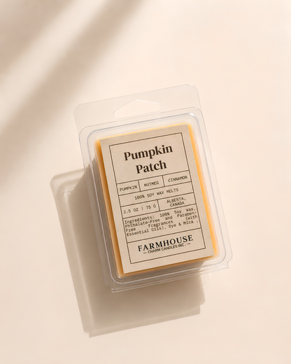 A packaged pumpkin patch scented wax melt from Farmhouse Charm Candles, shown in a clear clamshell container with a cream-colored label and yellow wax visible inside, photographed on a warm off-white background with soft diagonal shadows.