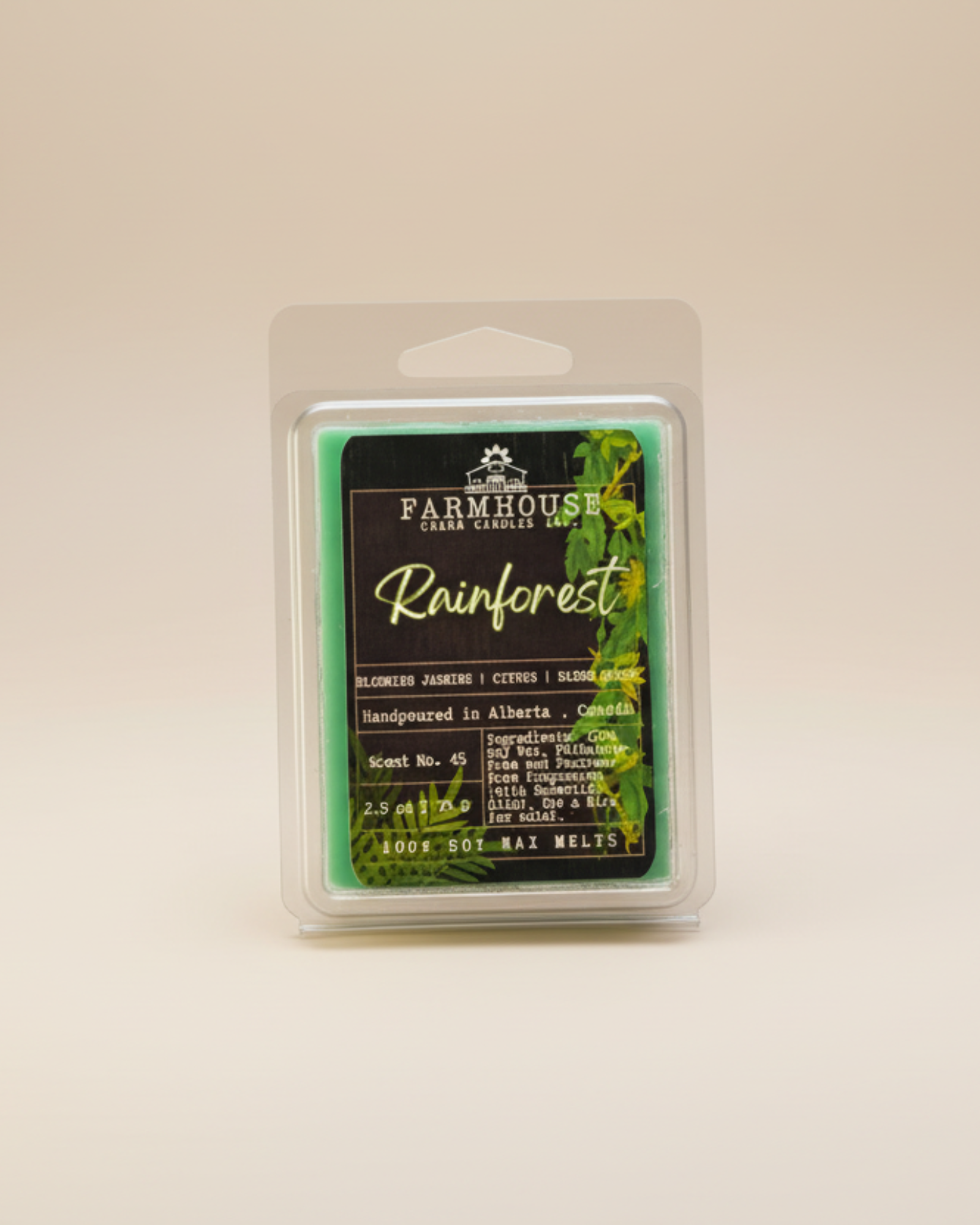 Farmhouse Charm Candles Rainforest Soy wax melts packaging on a beige background