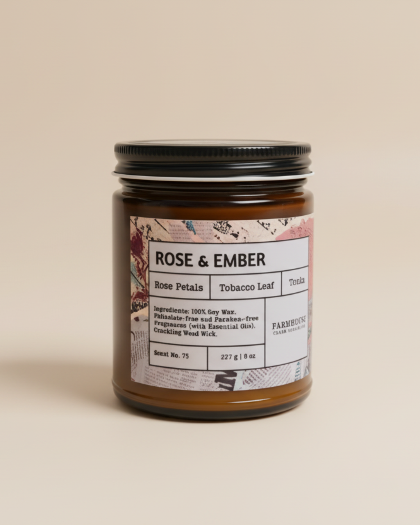 Candle jar labeled 'Rose & Ember' on a beige background by_Farmhouse_Charm_candles