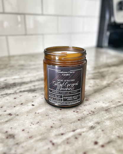 Savor the autumn season with a cozy sweater and a warm Salted Caramel Macchiato Soy Candle. For all the coffee lovers out there, the Salted Caramel Macchiato Soy Candle by Farmhouse Charm is the perfect addition to your fall routine. Infused with warm and rich aromas, this candle features a top note of caramelized sugar blended with roasted espresso, vanilla, salt, and spicy cinnamon.