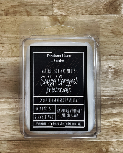 Savor the autumn season with a cozy sweater and a warm Salted Caramel Macchiato Soy Wax Melts. For all the coffee lovers out there, the Salted Caramel Macchiato Soy Wax Melts by Farmhouse Charm is the perfect addition to your fall routine. Infused with warm and rich aromas, this candle features a top note of caramelized sugar blended with roasted espresso, vanilla, salt, and spicy cinnamon.