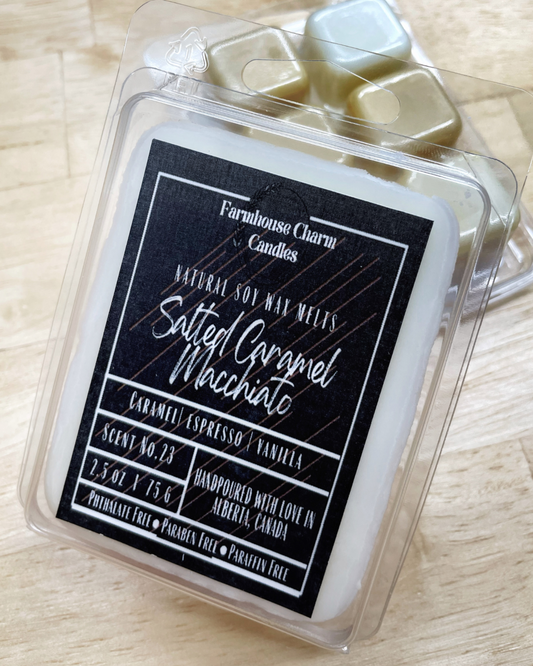 Savor the autumn season with a cozy sweater and a warm Salted Caramel Macchiato Soy Wax Melts. For all the coffee lovers out there, the Salted Caramel Macchiato Soy Wax Melts by Farmhouse Charm is the perfect addition to your fall routine. Infused with warm and rich aromas, this candle features a top note of caramelized sugar blended with roasted espresso, vanilla, salt, and spicy cinnamon.