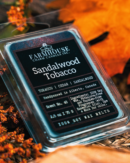 Farmhouse Charm Candles Inc. sandalwood tobacco soy wax melt packaging with product details.