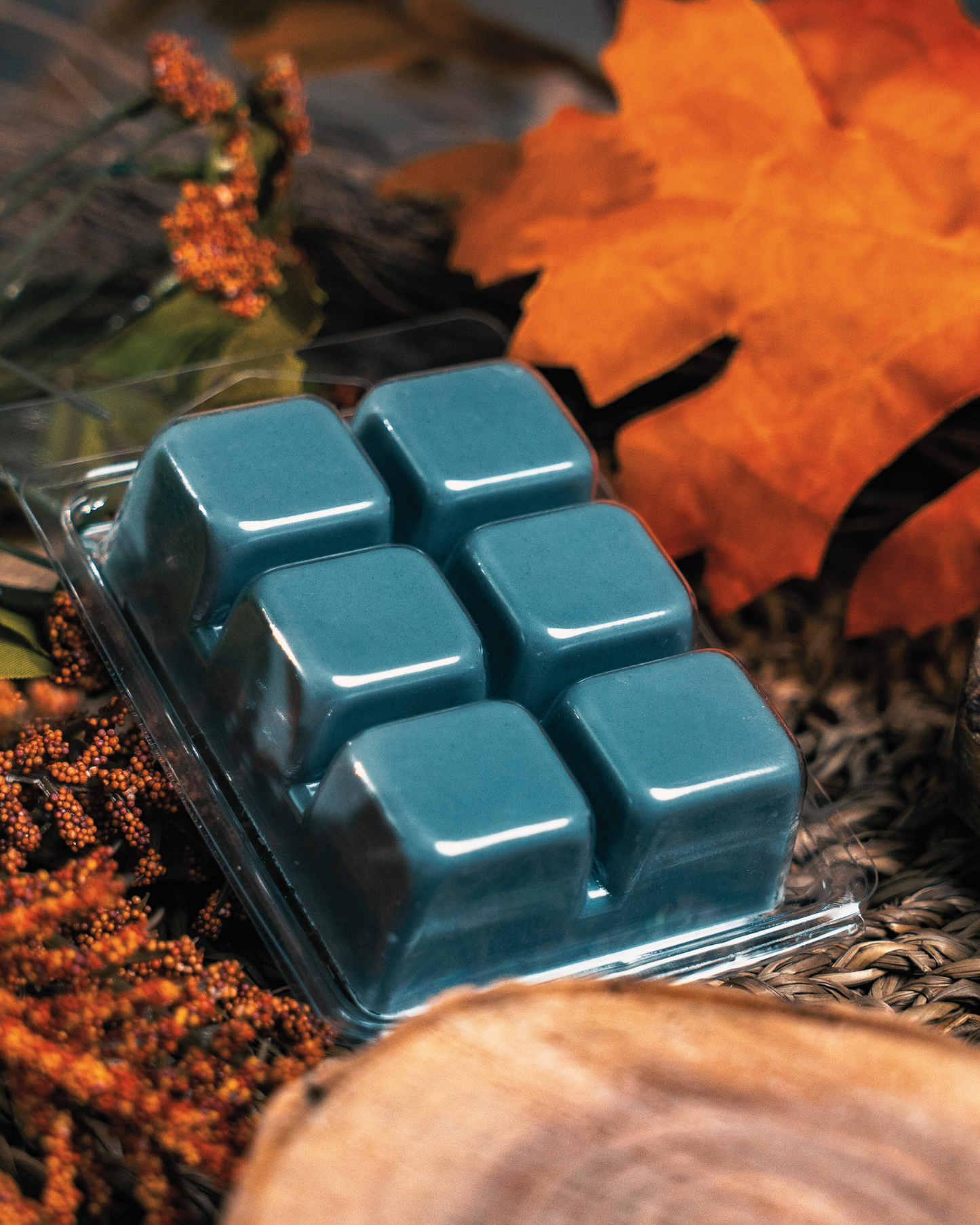 Farmhouse Charm Candles Inc. sandalwood tobacco soy wax melt packaging with product details.