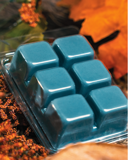 Farmhouse Charm Candles Inc. sandalwood tobacco soy wax melt packaging with product details.