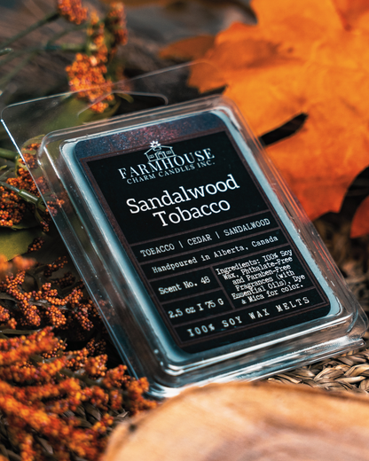 Farmhouse Charm Candles Inc. sandalwood tobacco soy wax melt packaging with product details.