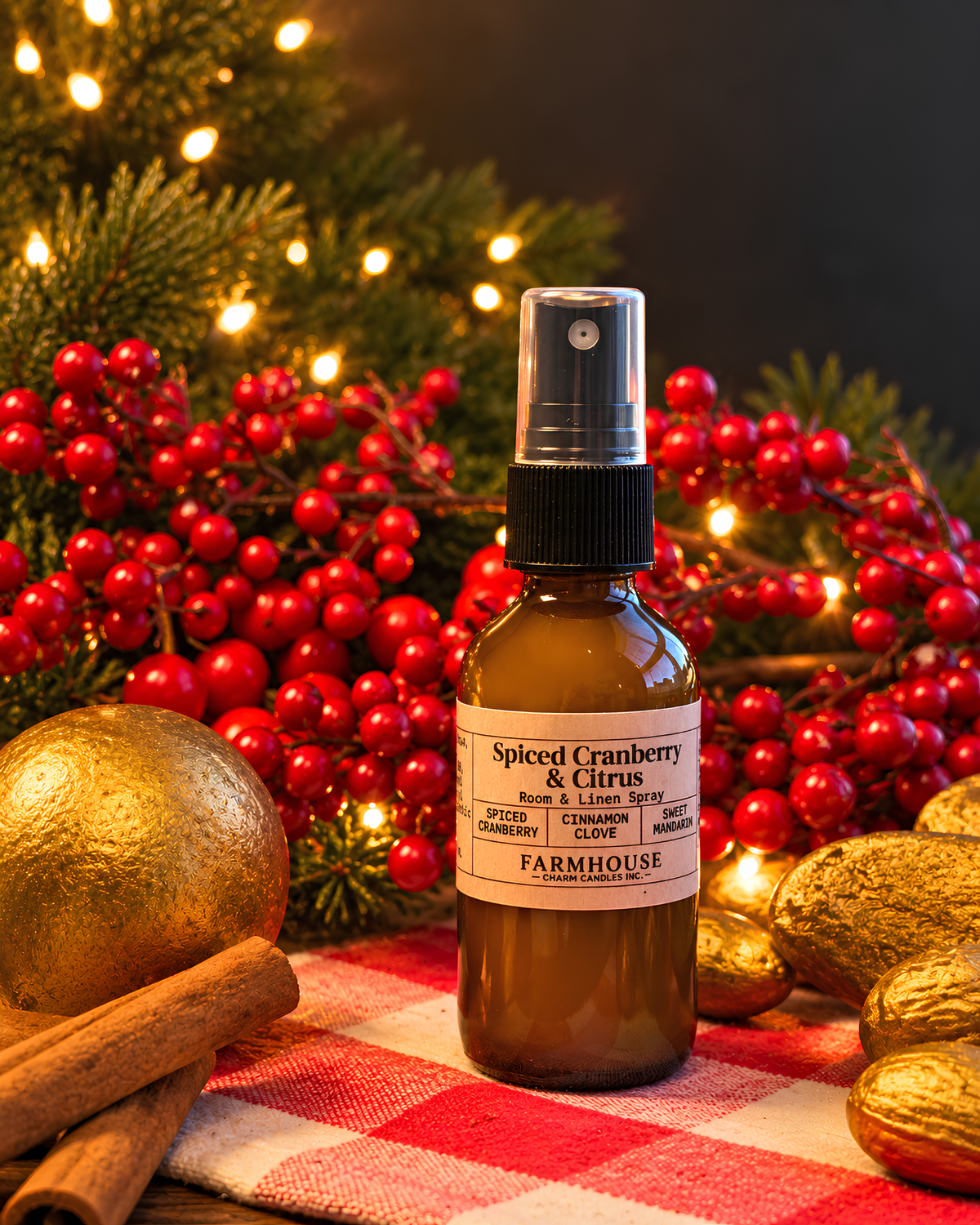 A brown glass spray bottle labeled 'Spiced Cranberry & Citrus' by FARMOUSE Charm Candles, styled on a red-and-white checkered cloth with cinnamon sticks, gold ornaments, and red berries against a dark background with warm holiday lights.