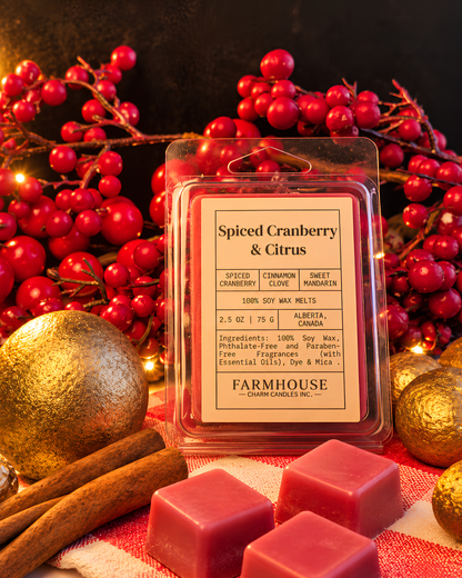 A package of Farmhouse Charm Candles 'Spiced Cranberry & Citrus' soy wax melts stands in front of a holiday-themed background with red berries, cinnamon sticks, gold pinecones, and pink wax melts in a clear clamshell container.
