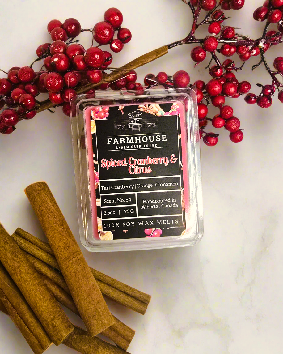 Bring the spirit of the festive season into your home with the irresistible scent of Spiced Cranberry &amp; Citrus Soy Wax Melts. This delightful blend of tart cranberry, zesty orange, and warm cinnamon creates an inviting atmosphere perfect for holiday gatherings or quiet winter nights.