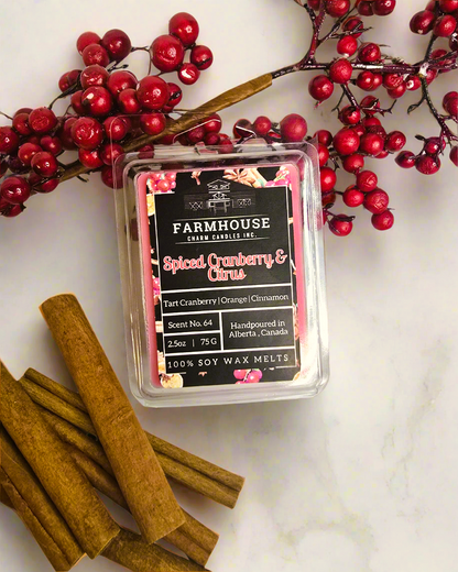 Bring the spirit of the festive season into your home with the irresistible scent of Spiced Cranberry &amp; Citrus Soy Wax Melts. This delightful blend of tart cranberry, zesty orange, and warm cinnamon creates an inviting atmosphere perfect for holiday gatherings or quiet winter nights.