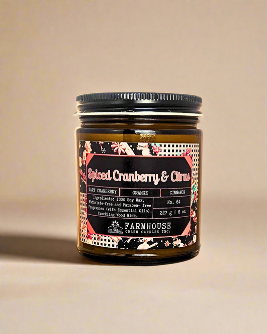 Spiced Cranberry & Citrus soy candle by Farmhouse Charm Candles in amber jar — a cozy holiday scent that blends tart, sweet, and warm notes.