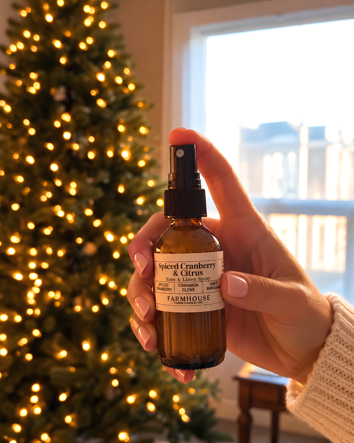 A hand holding a small amber spray bottle labeled Farmhouse Charm Candles- Spiced Cranberry & Citrus, with a blurred Christmas tree and bright window in the background.
